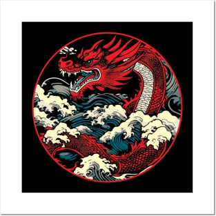 Red Dragon Riding The Great Wave Posters and Art